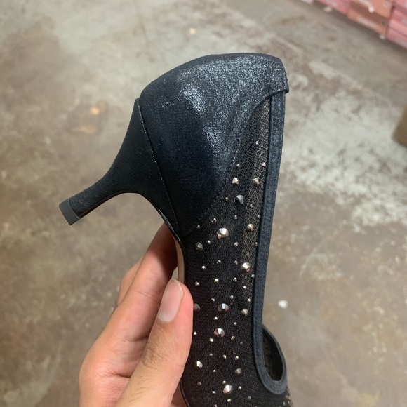 Women’s Crystal Embellished Kitten Heel Pumps in Black Mesh and Faux Leather - Picture 5 of 8